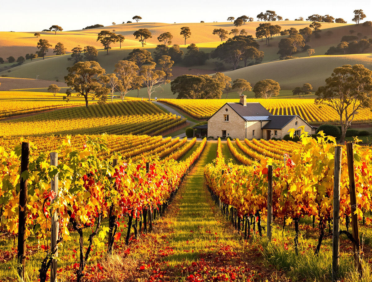 Rows of autumn vines and a stone winery in the Barossa Valley near Adelaide