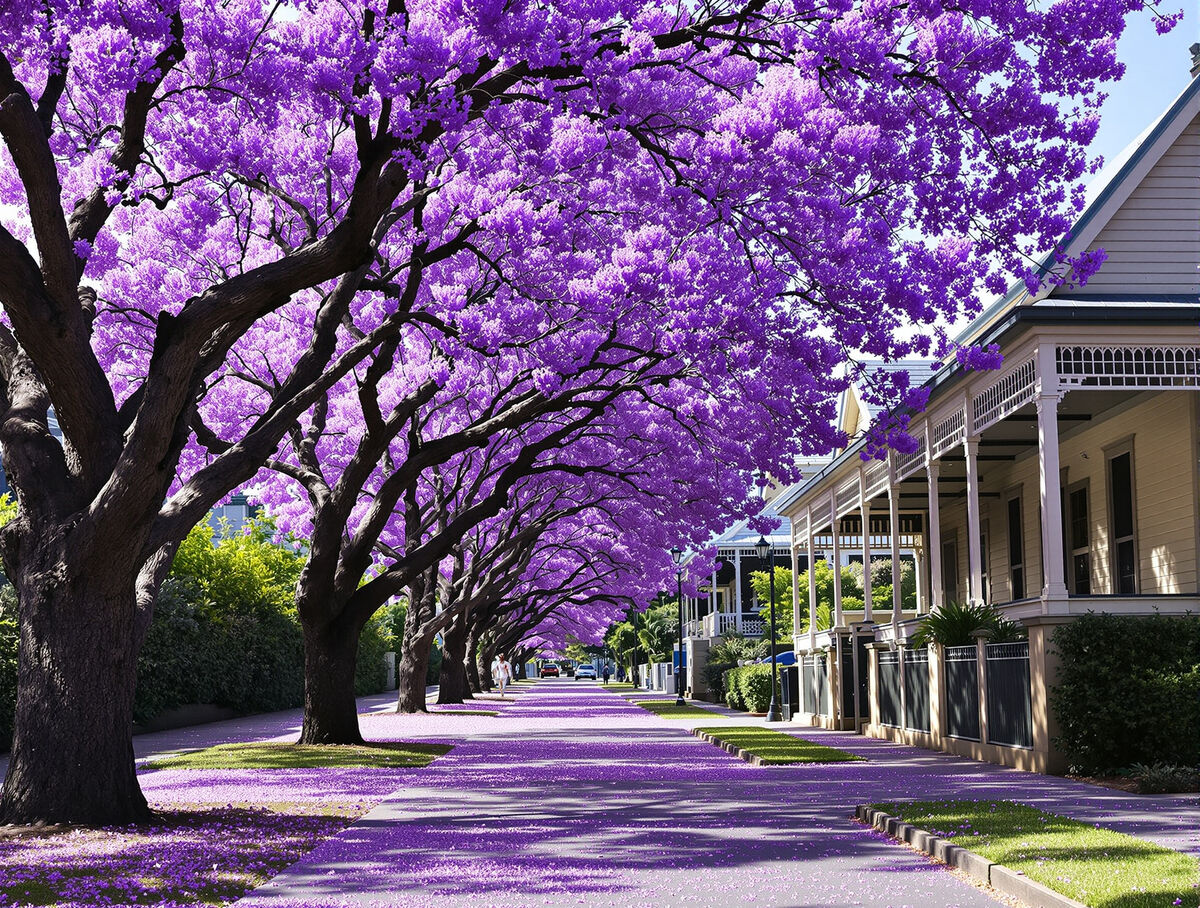 Jacaranda trees in full purple bloom over a Brisbane street of timber Queenslander houses