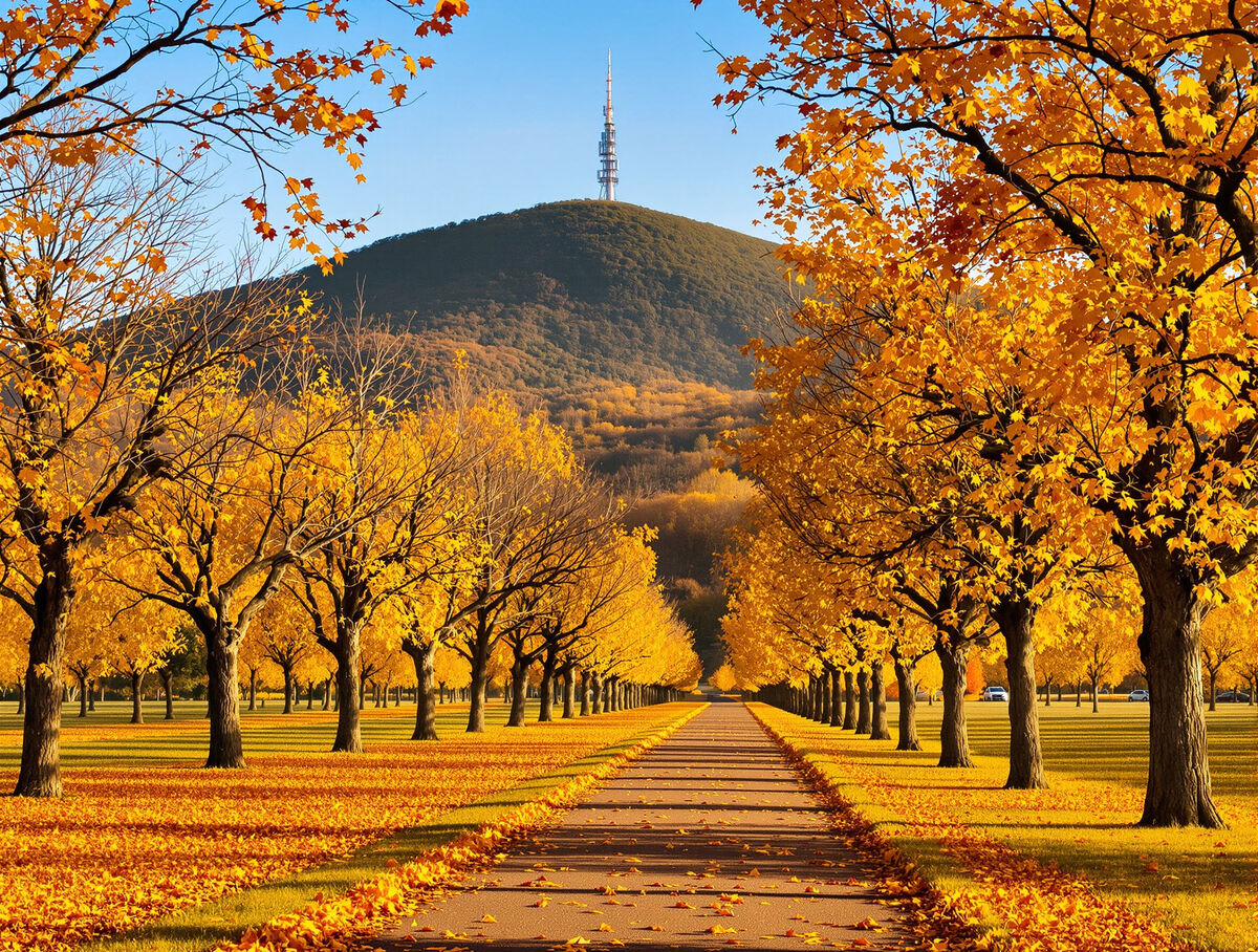 An avenue of golden autumn trees in Canberra with Black Mountain and its tower behind