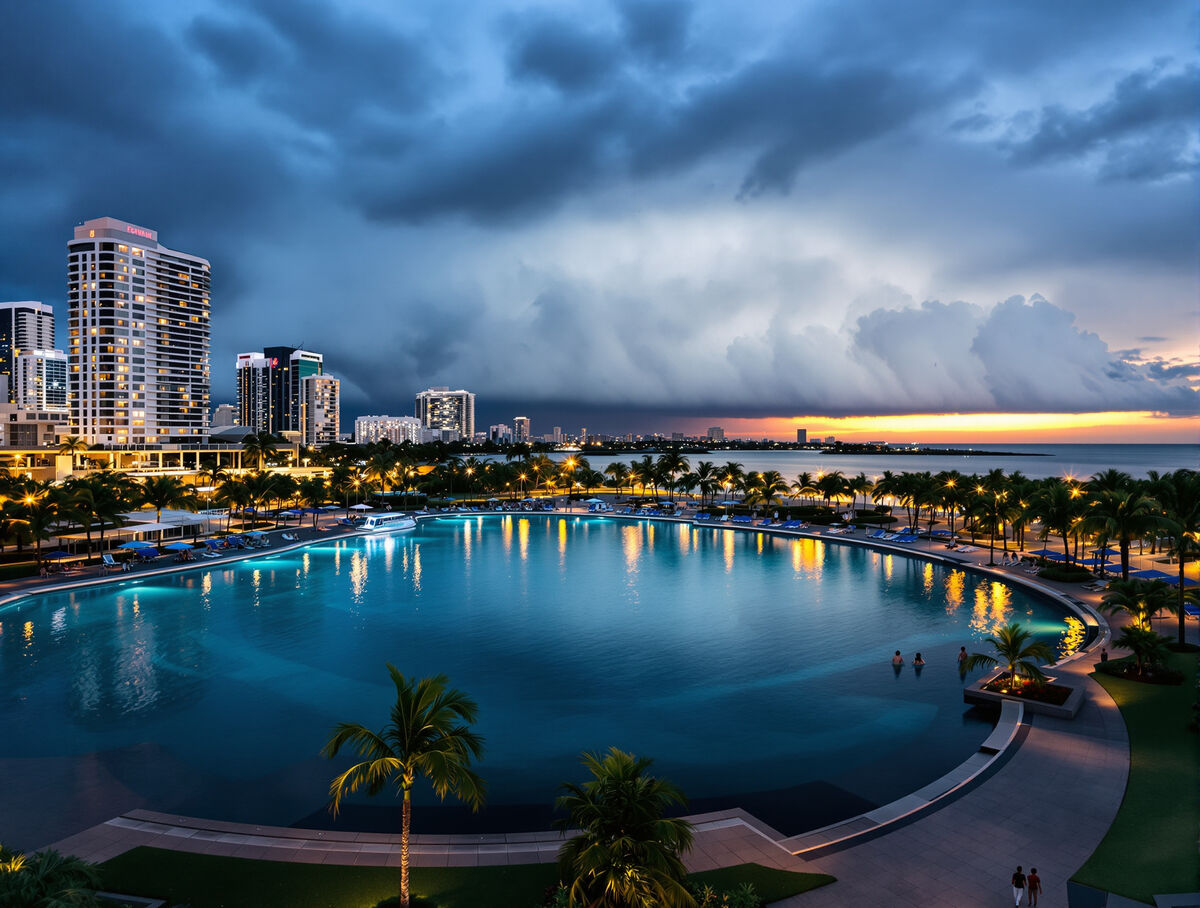 The Darwin waterfront lagoon at dusk with the city towers and a wet season storm cloud behind