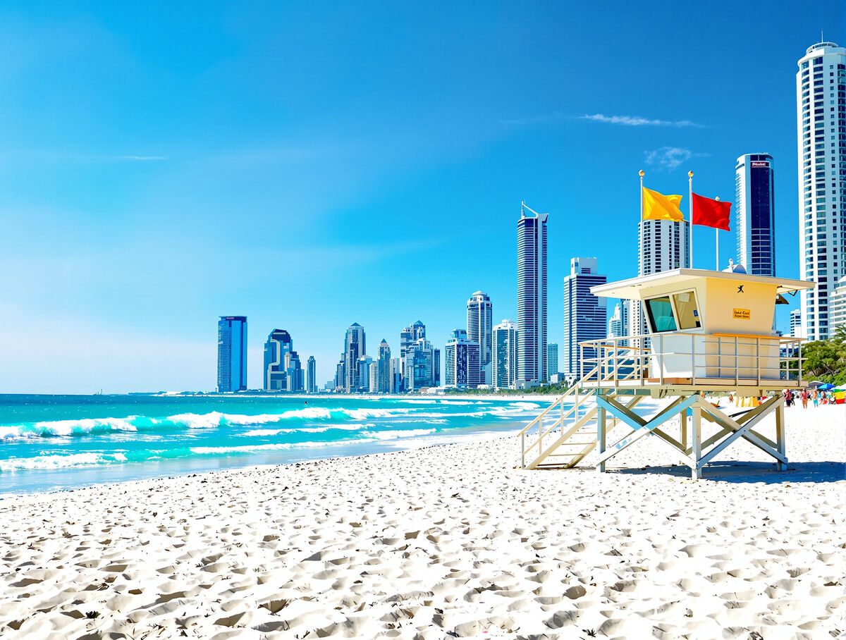 A lifeguard tower with flags on a Gold Coast beach with the high-rise skyline behind