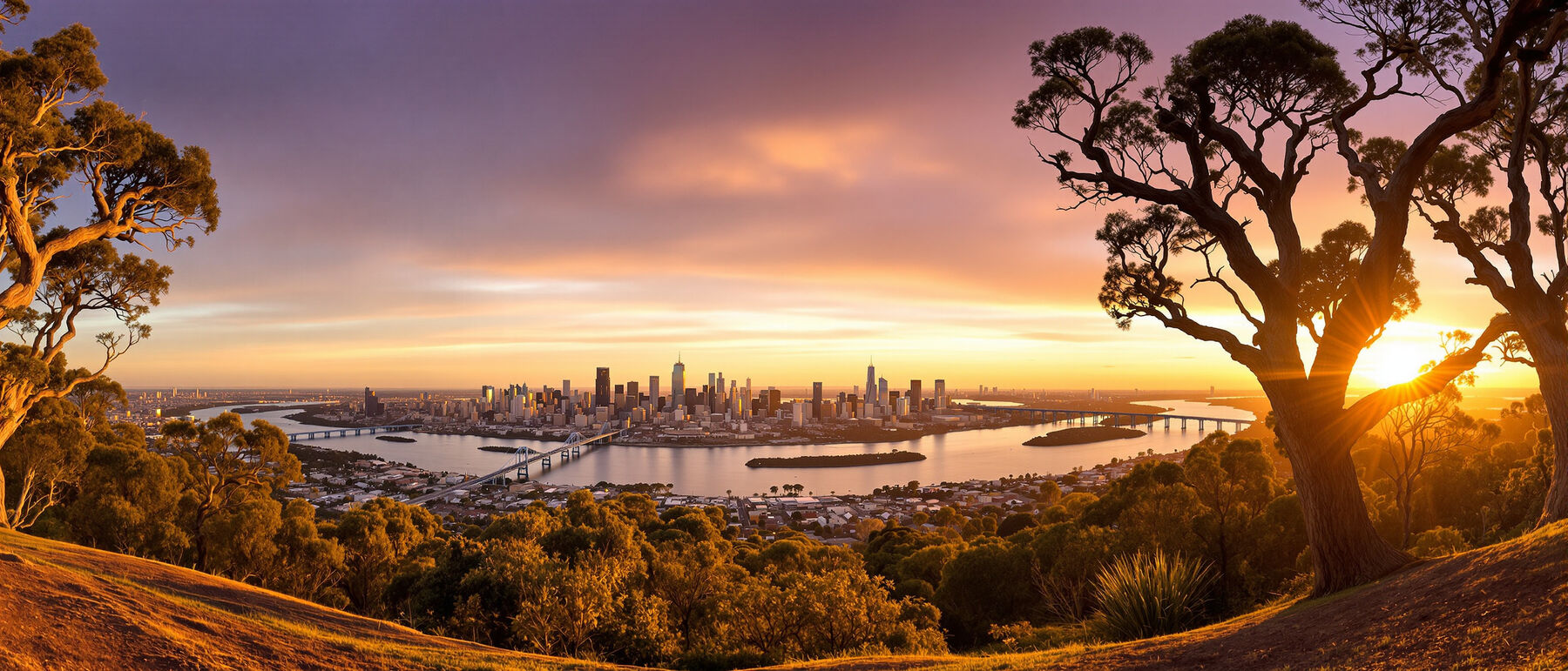 The Perth skyline and Swan River at sunset seen from Kings Park through the trees
