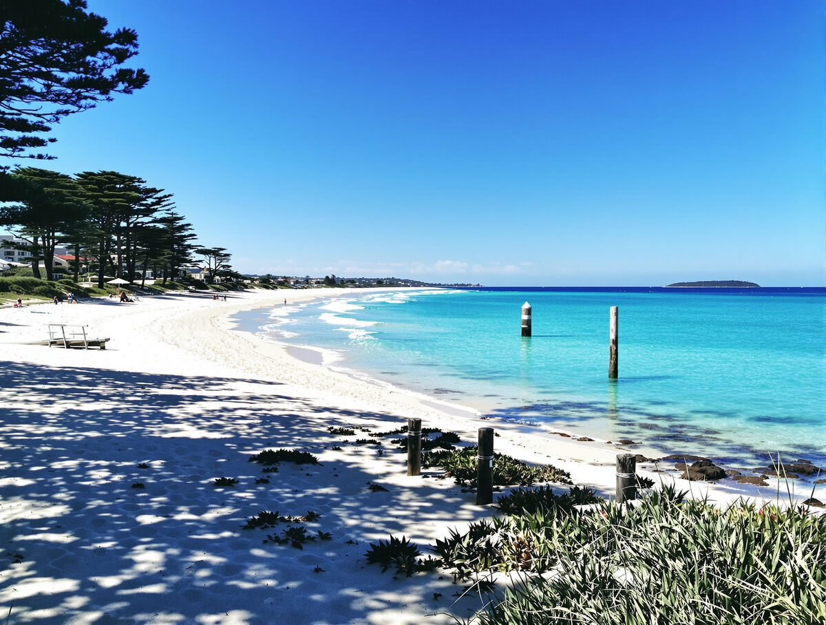 Cottesloe Beach in Perth with white sand and turquoise Indian Ocean water