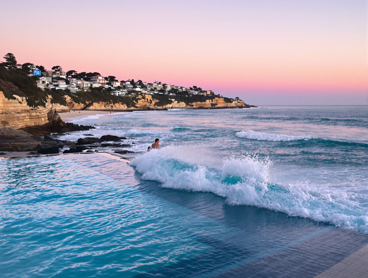 A wave breaking over the edge of the Bondi Icebergs ocean pool at sunrise
